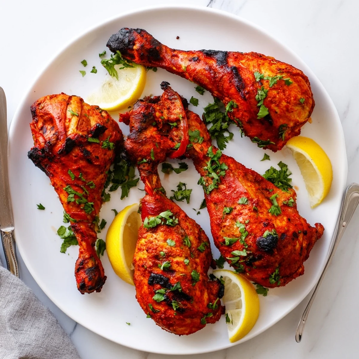 Succulent tandoori chicken recipe pieces arranged on a white platter with fresh cilantro sprigs and lemon wedges