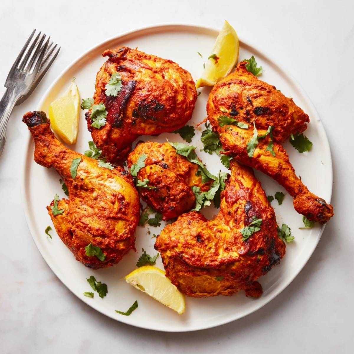 Perfectly roasted tandoori chicken recipe showing juicy tenderness and aromatic spice coating on a rustic wooden board