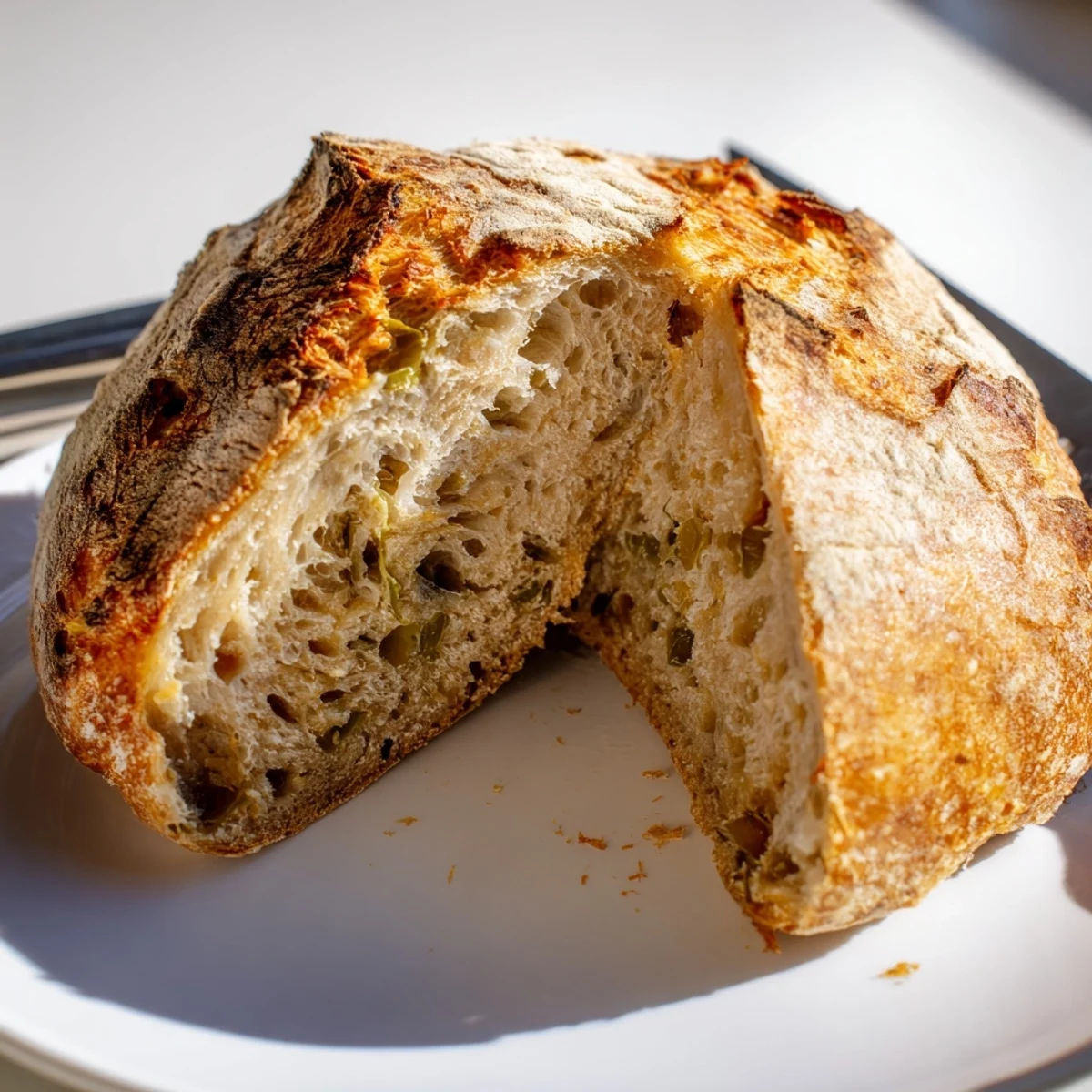 Golden crusty jalapeno cheddar sourdough bread loaf sliced to reveal melted cheese and green peppers