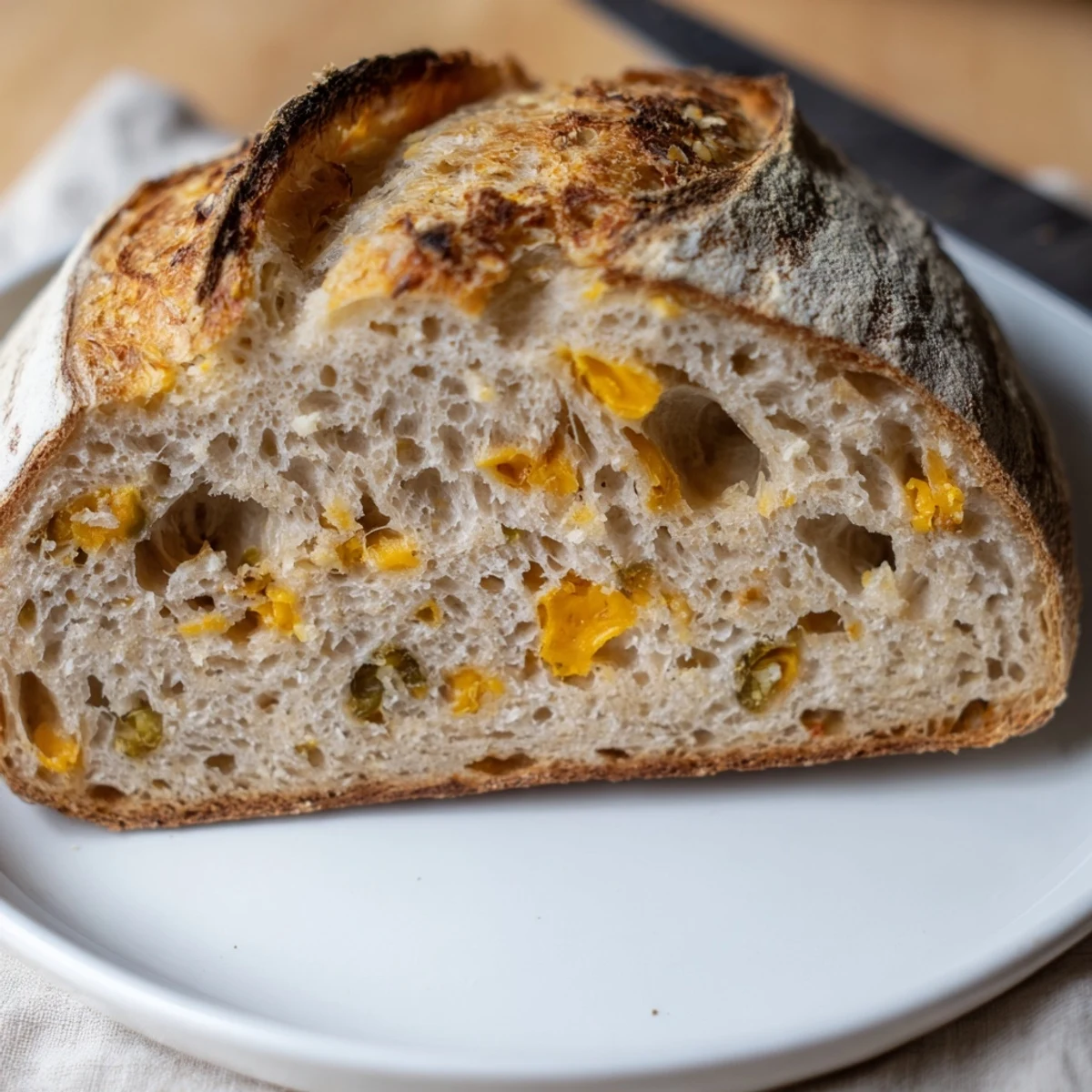 Freshly baked jalapeno cheddar sourdough bread with a crackling crust and spicy cheesy interior