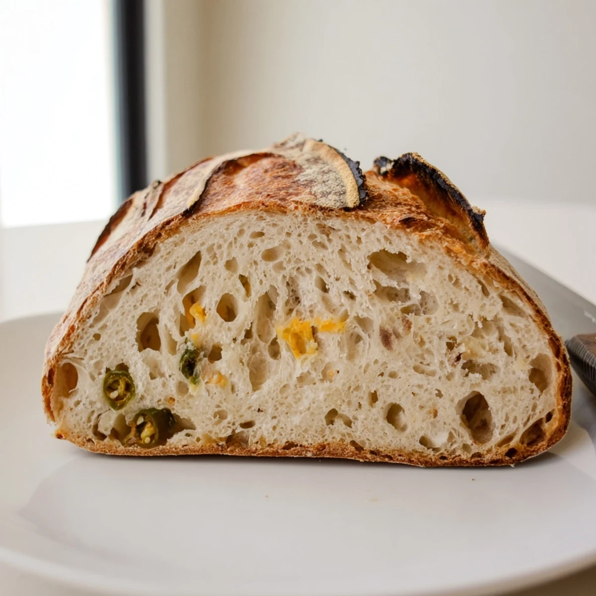 Artisanal jalapeno cheddar sourdough cooling on a wire rack with deep golden brown exterior