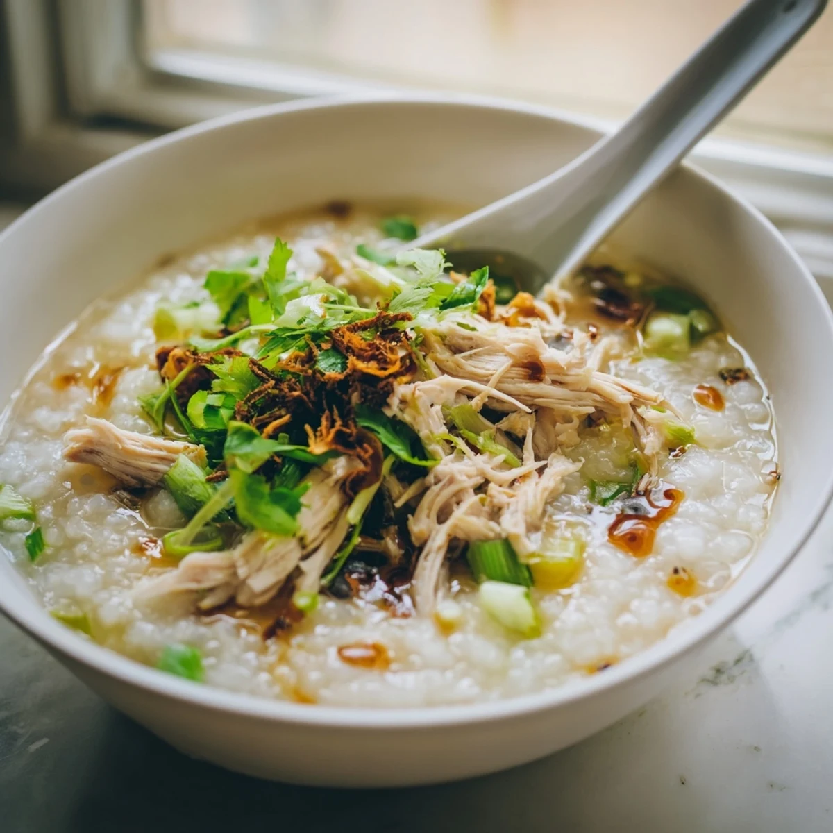 Creamy chicken congee topped with fresh scallions and a drizzle of sesame oil