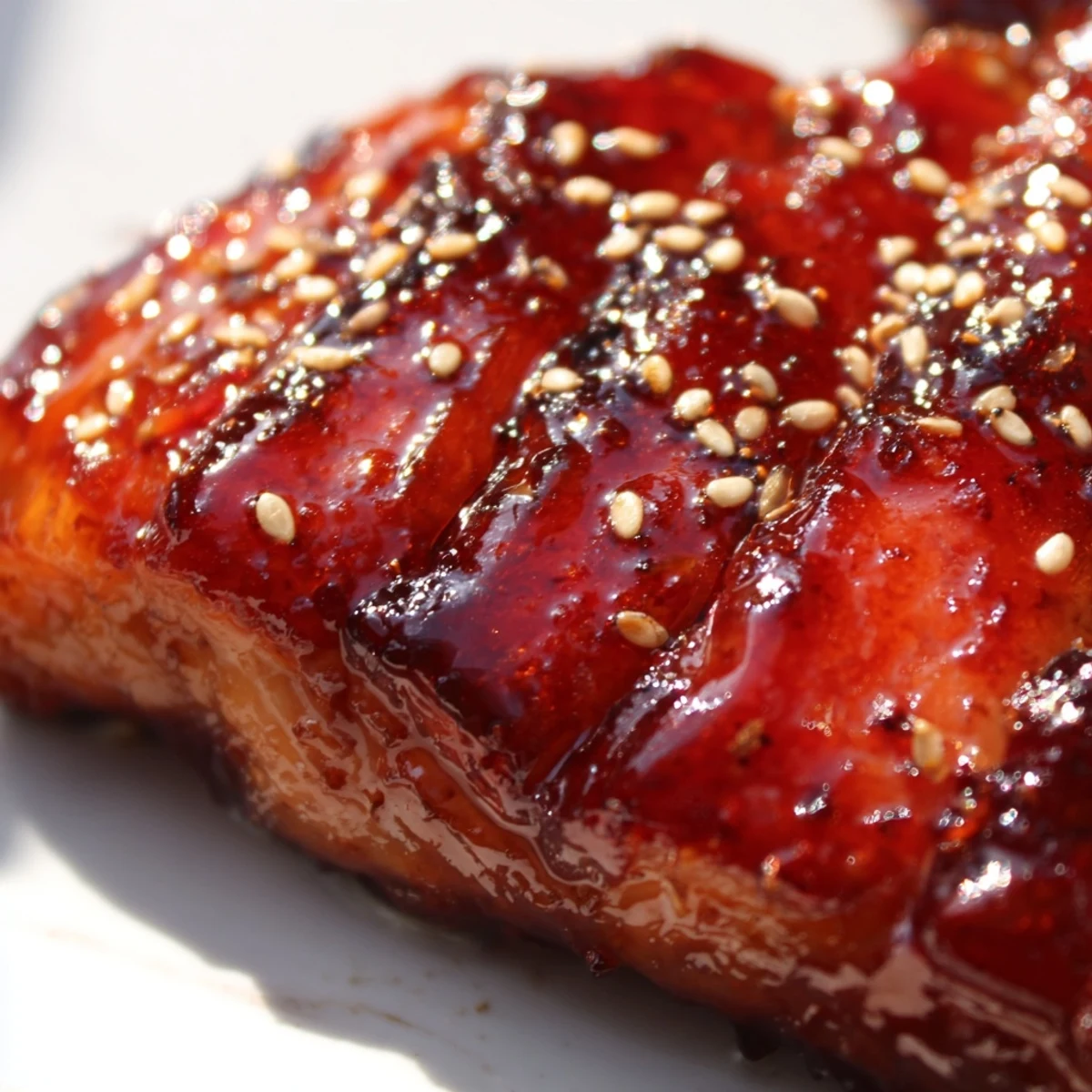 Crispy Char Siu chicken glazed with sticky honey barbecue sauce on a white plate