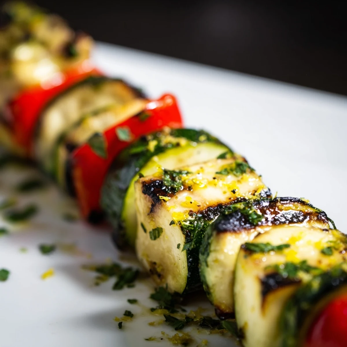 Golden grilled garlic butter zucchini skewers with charred edges and fresh parsley garnish