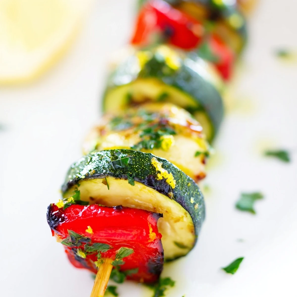 Colorful vegetable skewers featuring zucchini grilled to perfection with aromatic garlic butter coating