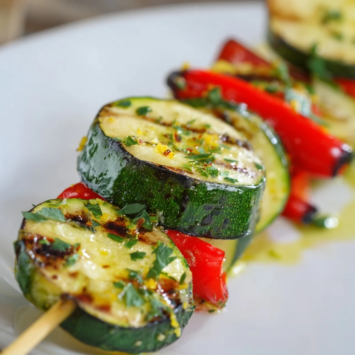 Tender zucchini rounds threaded on skewers brushed with melted garlic butter and lemon zest