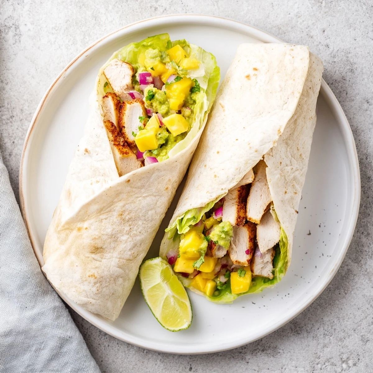 Fresh summer grilled chicken wraps featuring creamy avocado mango salsa nestled in soft flour tortillas