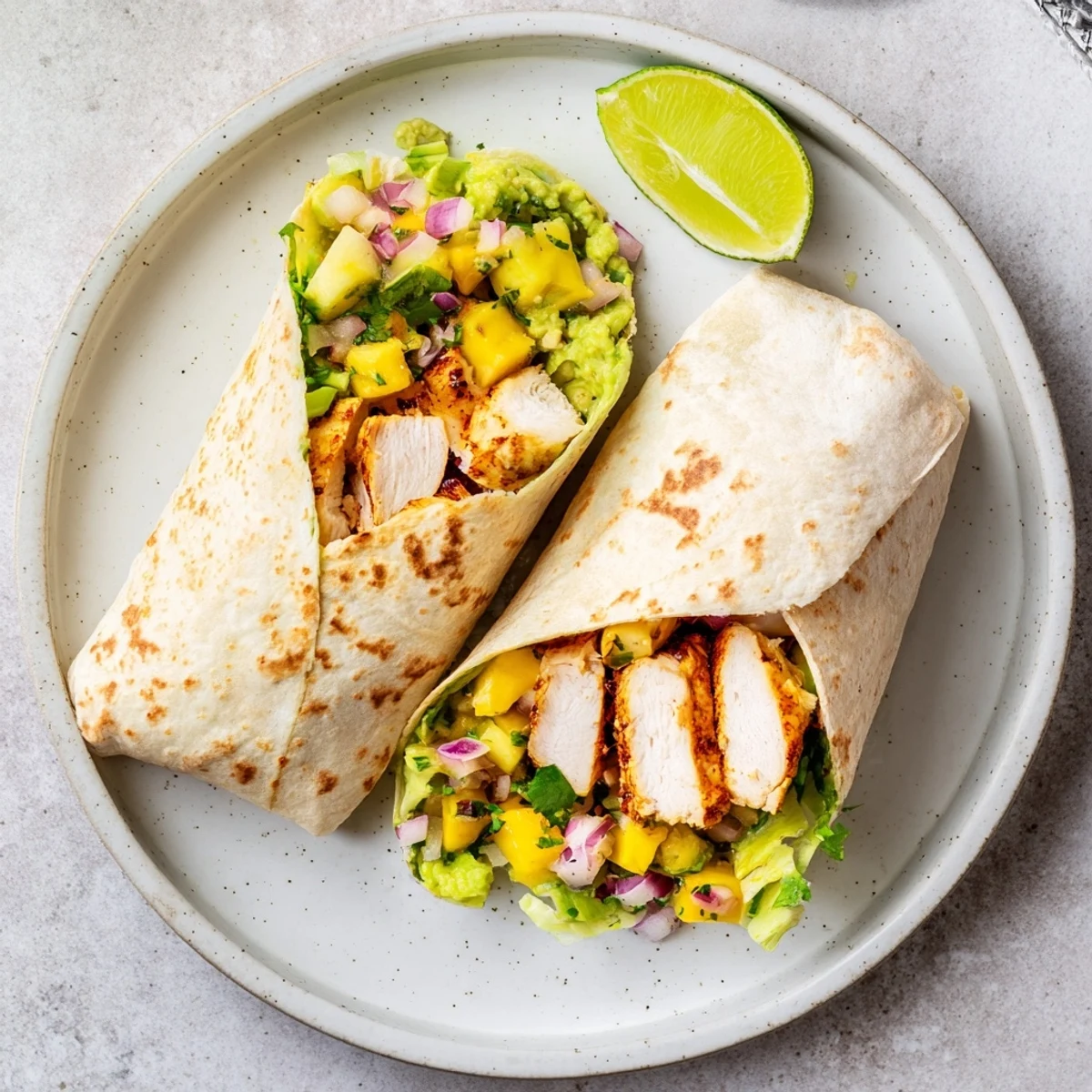 Golden grilled chicken slices wrapped in warm tortilla with vibrant avocado mango salsa overflowing