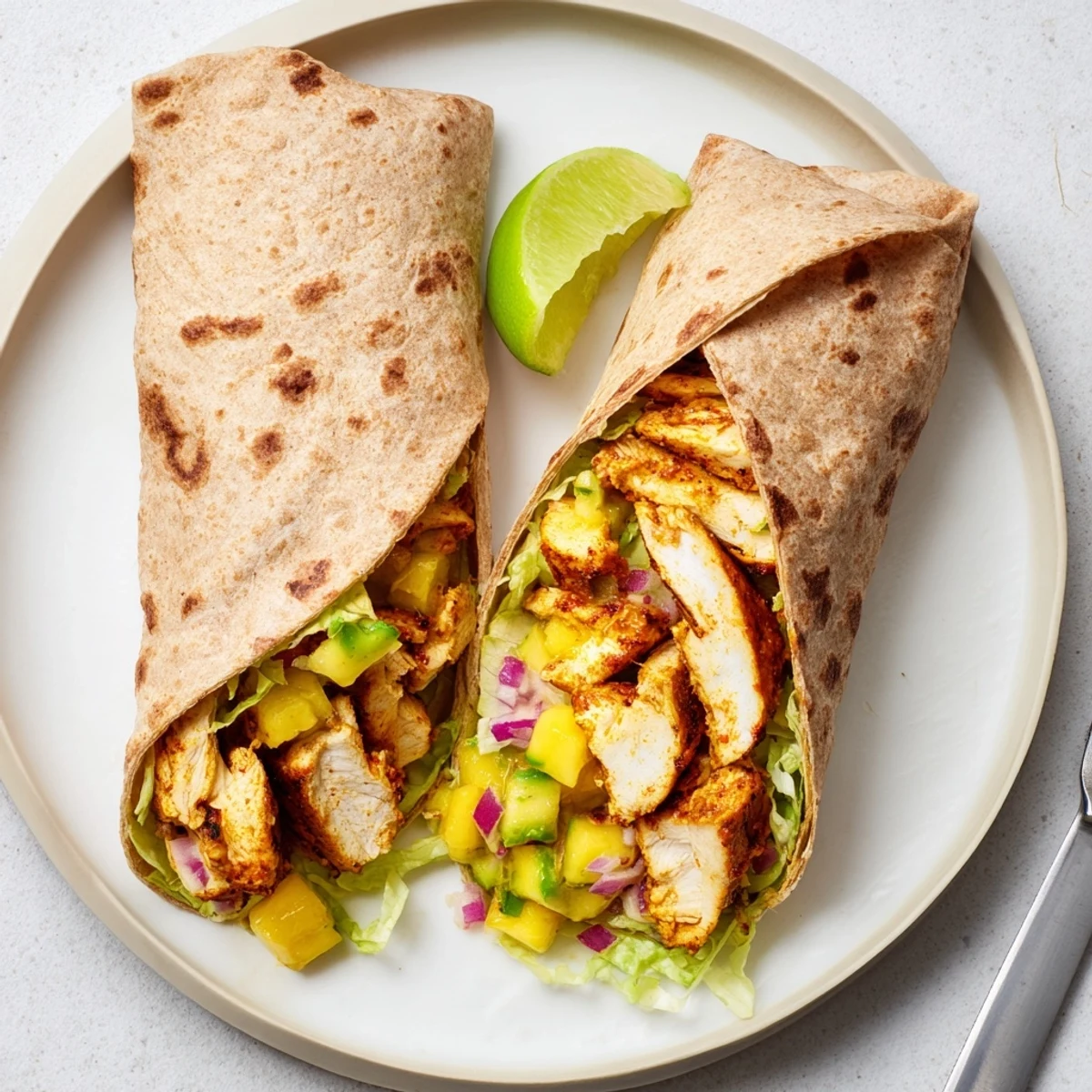 Sliced grilled chicken wrapped with crisp lettuce topped with colorful avocado mango salsa and garnish