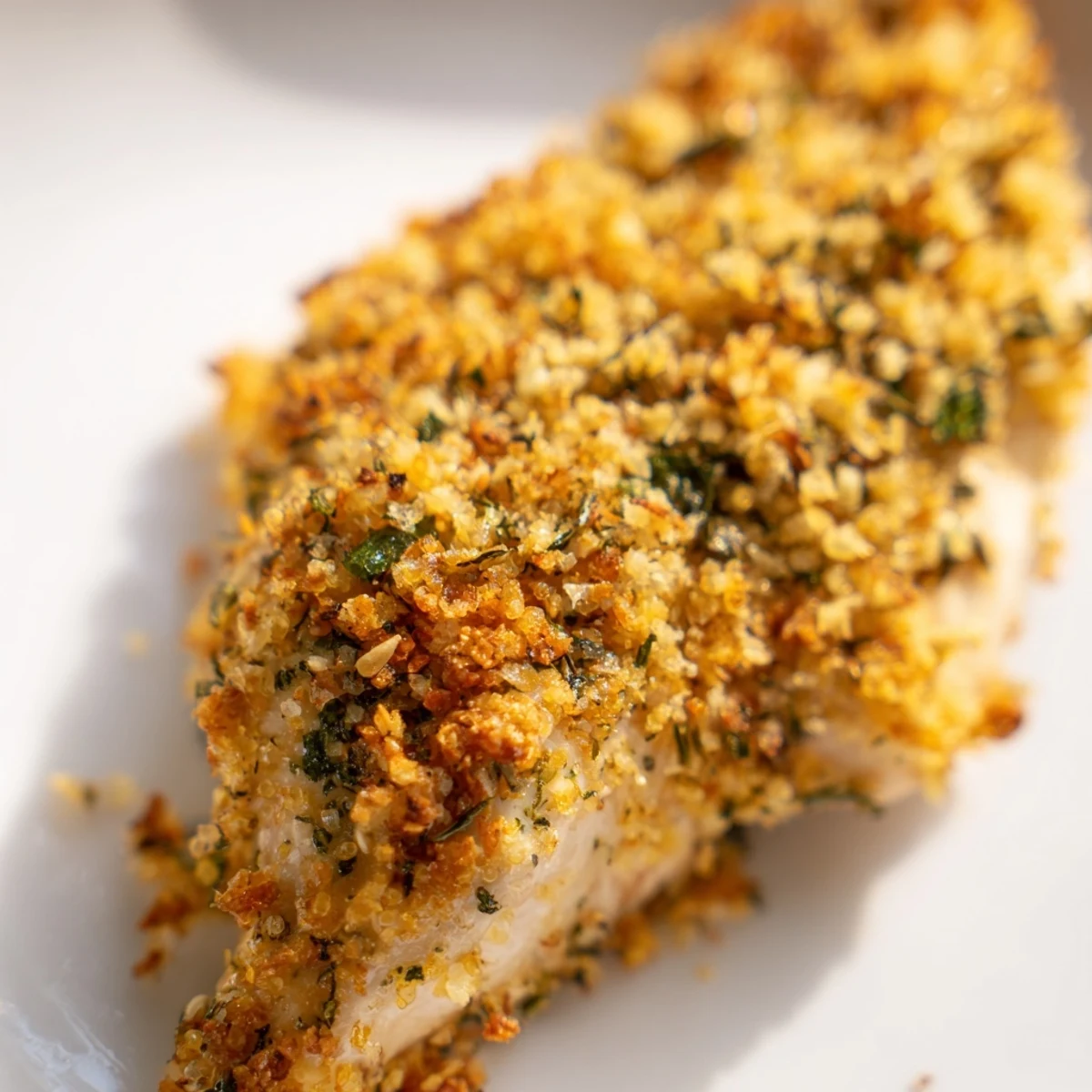 Golden herb crusted chicken breasts roasted alongside colorful medley of tender seasonal vegetables