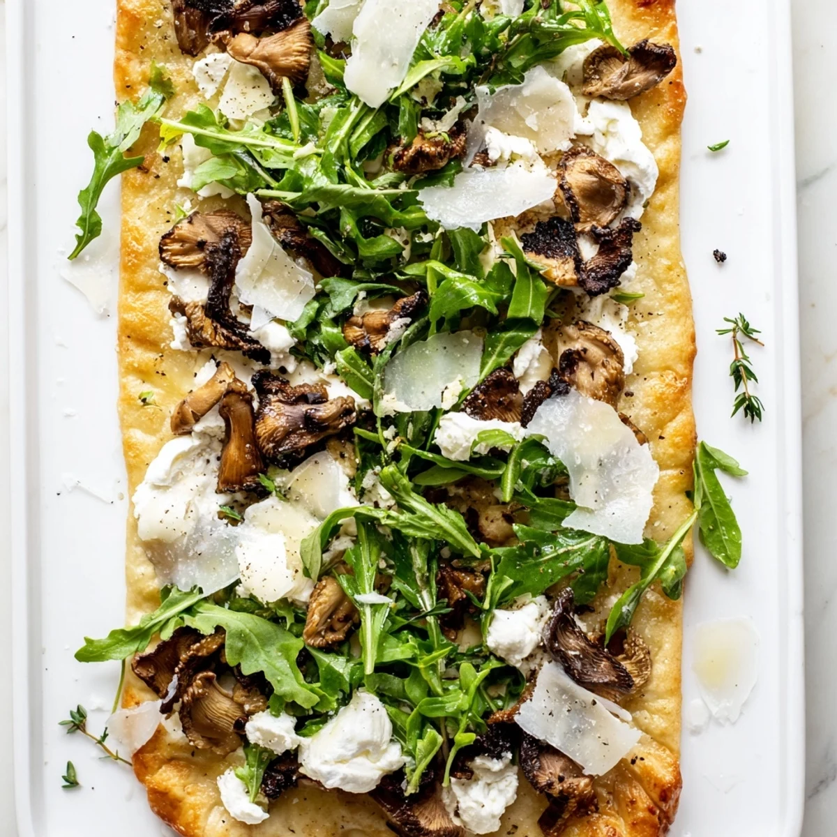 Sliced morel mushrooms and peppery arugula top this crispy truffle oil flatbread with three cheese blend