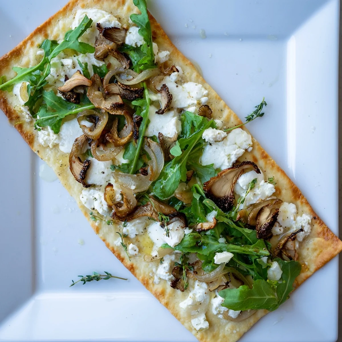 Vegetarian flatbread showcasing earthy morel mushrooms fresh arugula and luxurious truffle oil on golden crust