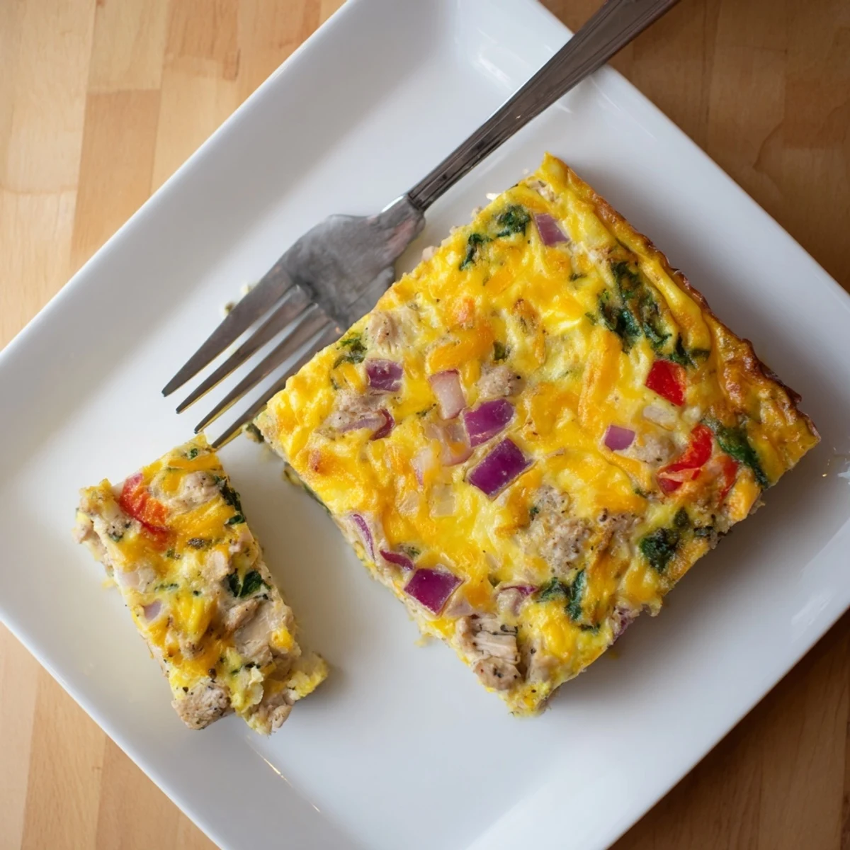 Golden high protein egg casserole with melted cheddar and colorful vegetables in a square baking dish
