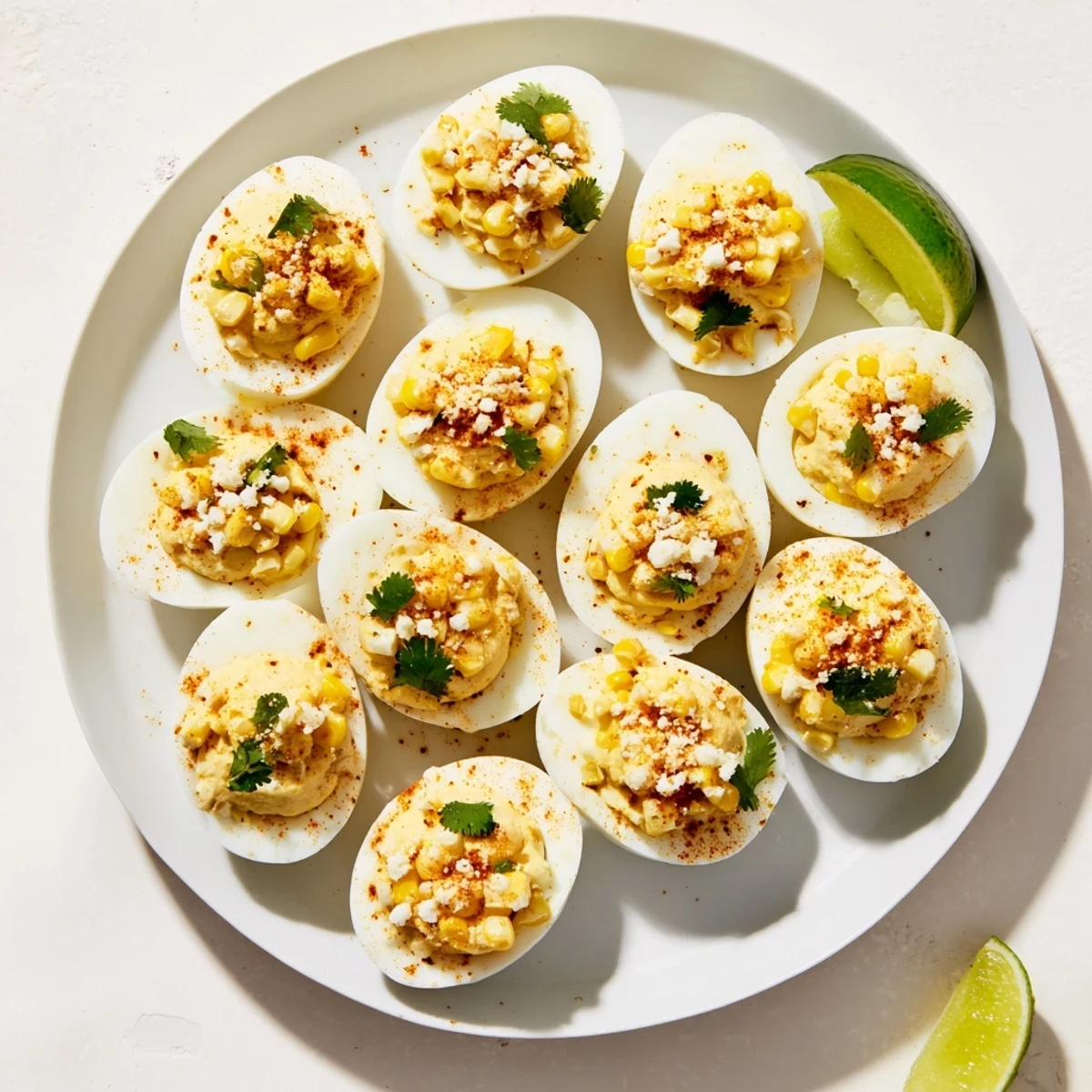 Creamy Mexican street corn deviled eggs sprinkled with chili powder and lime wedges on a white serving plate
