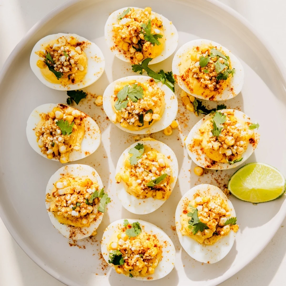 Golden Mexican street corn deviled eggs topped with charred corn, crumbled Cotija cheese, and fresh cilantro garnish