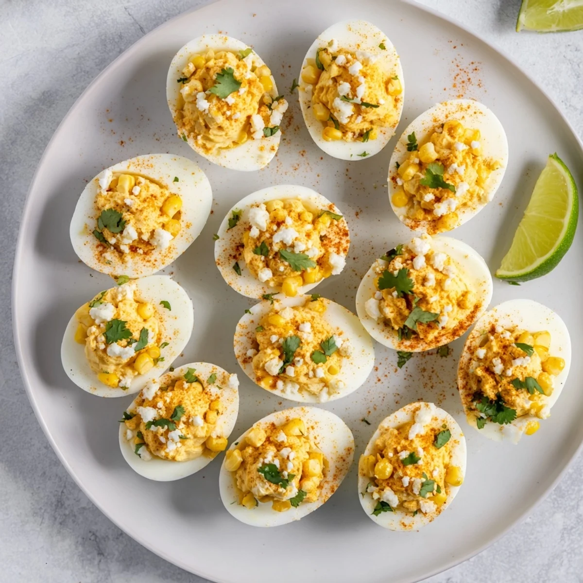 Crowd-pleasing Mexican street corn deviled eggs featuring smoky corn kernels and tangy lime crema filling