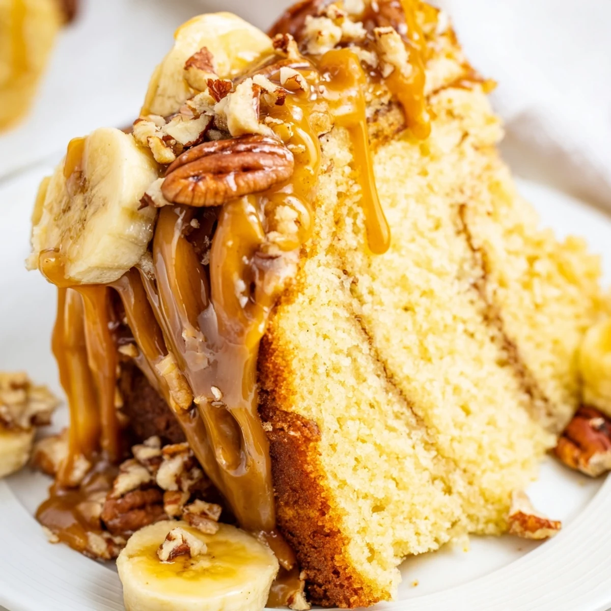 Golden brown butter banana cake swirled with rich salted caramel sauce and topped with flaky sea salt
