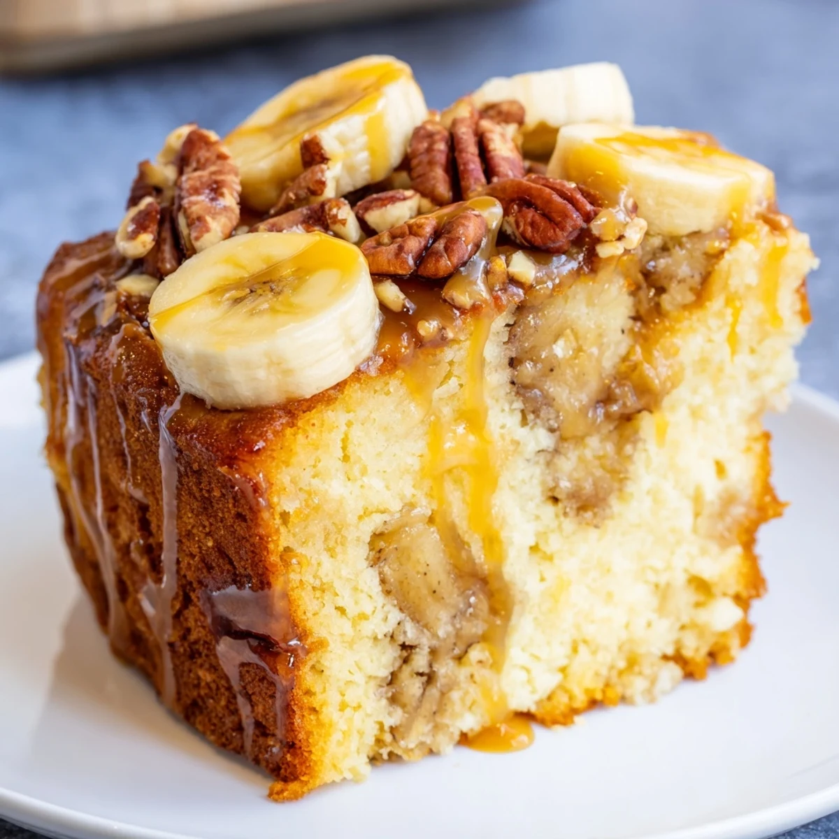 Moist banana cake featuring nutty brown butter and ribbons of homemade salted caramel glaze on a white plate
