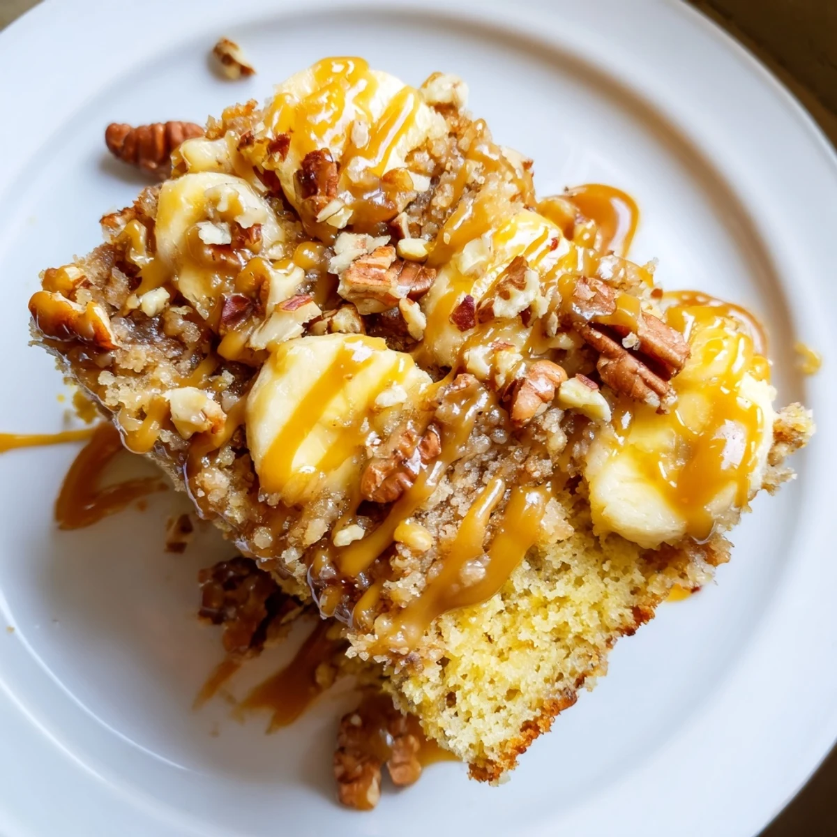 Decadent salted caramel brown butter banana cake drizzled with warm caramel and sliced fresh bananas