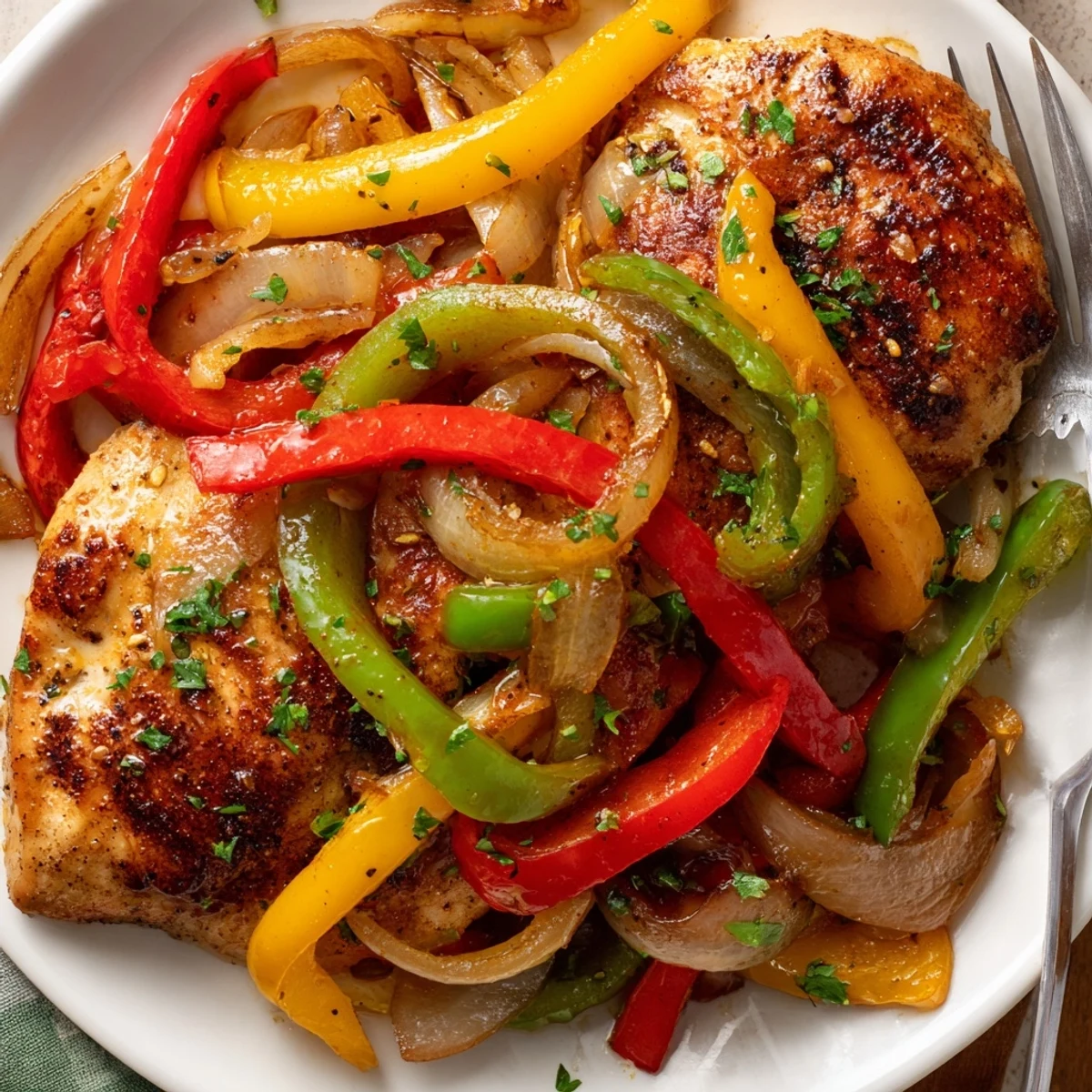 One Pan Chicken And Peppers sizzling with roasted peppers and golden seared chicken