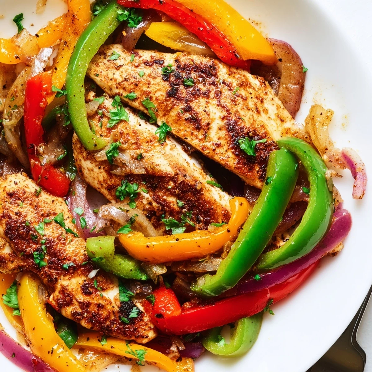One Pan Chicken And Peppers in an oven skillet, garnished with chopped parsley