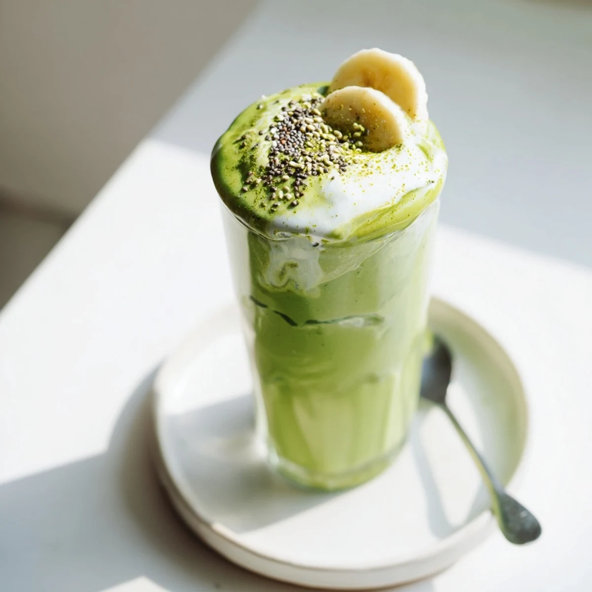 Creamy Matcha Smoothie in tall glass with banana, frothy green surface
