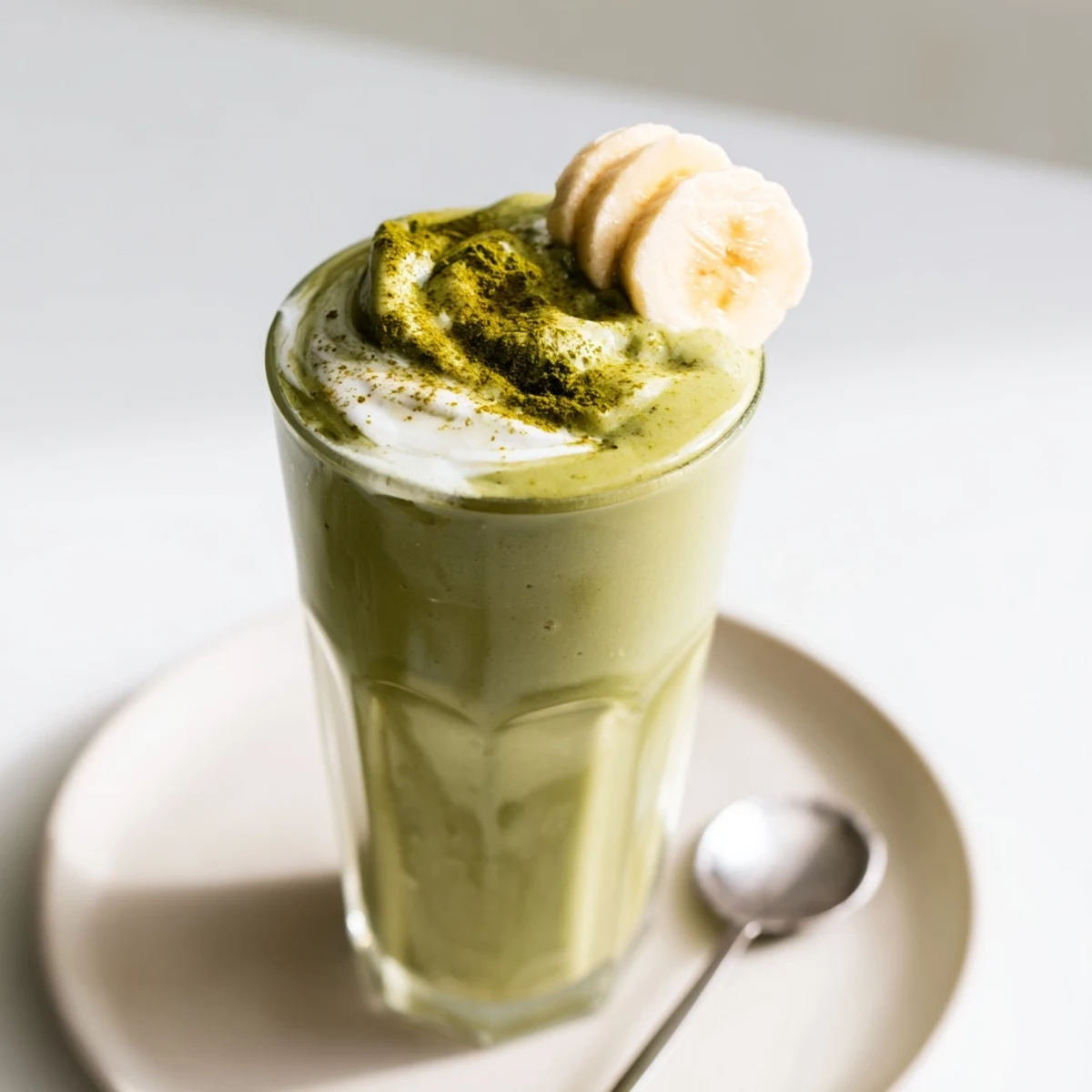 Vibrant Matcha Smoothie garnished with chia seeds, chilled, breakfast-ready sip