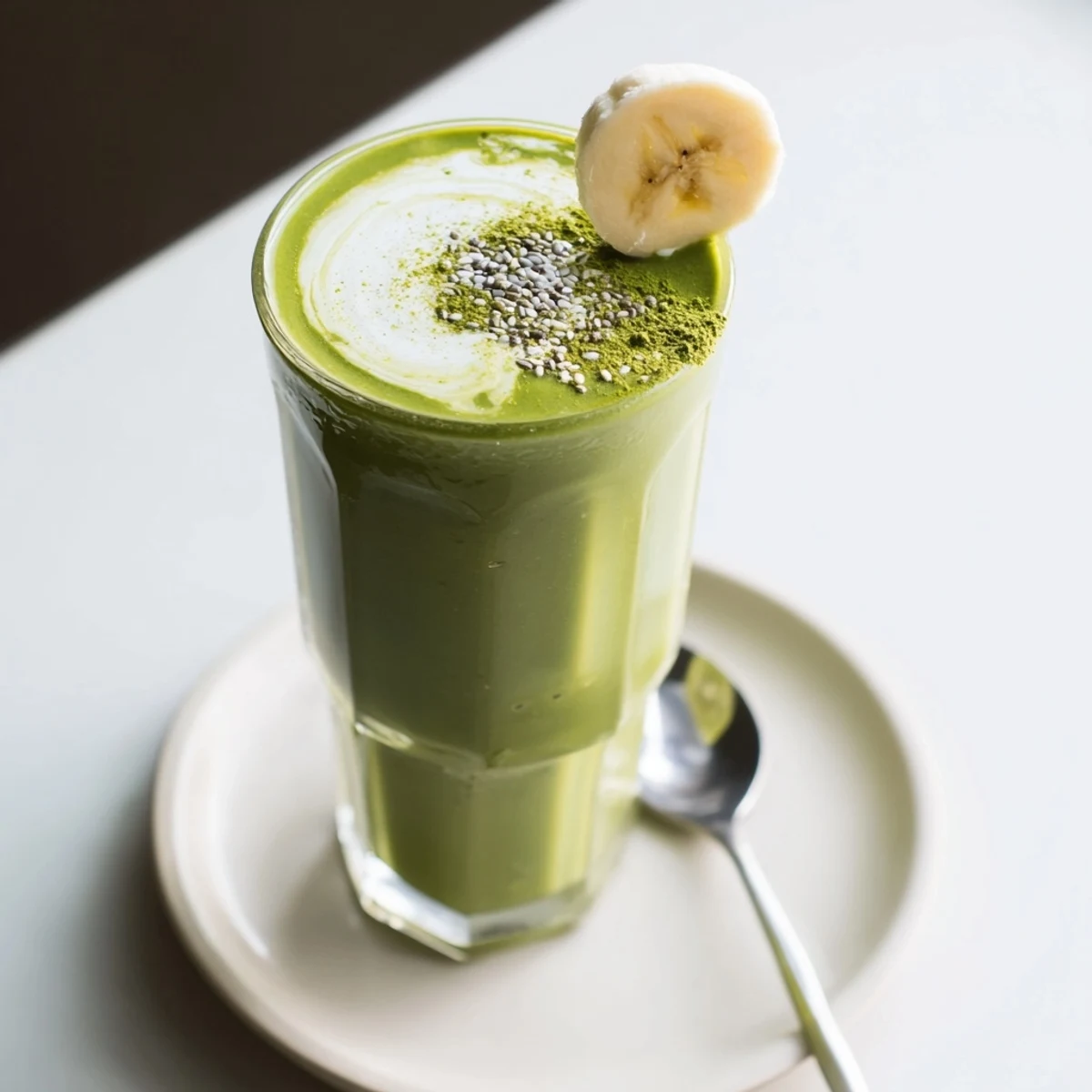 Silky Matcha Smoothie blended with almond milk, served immediately in glass