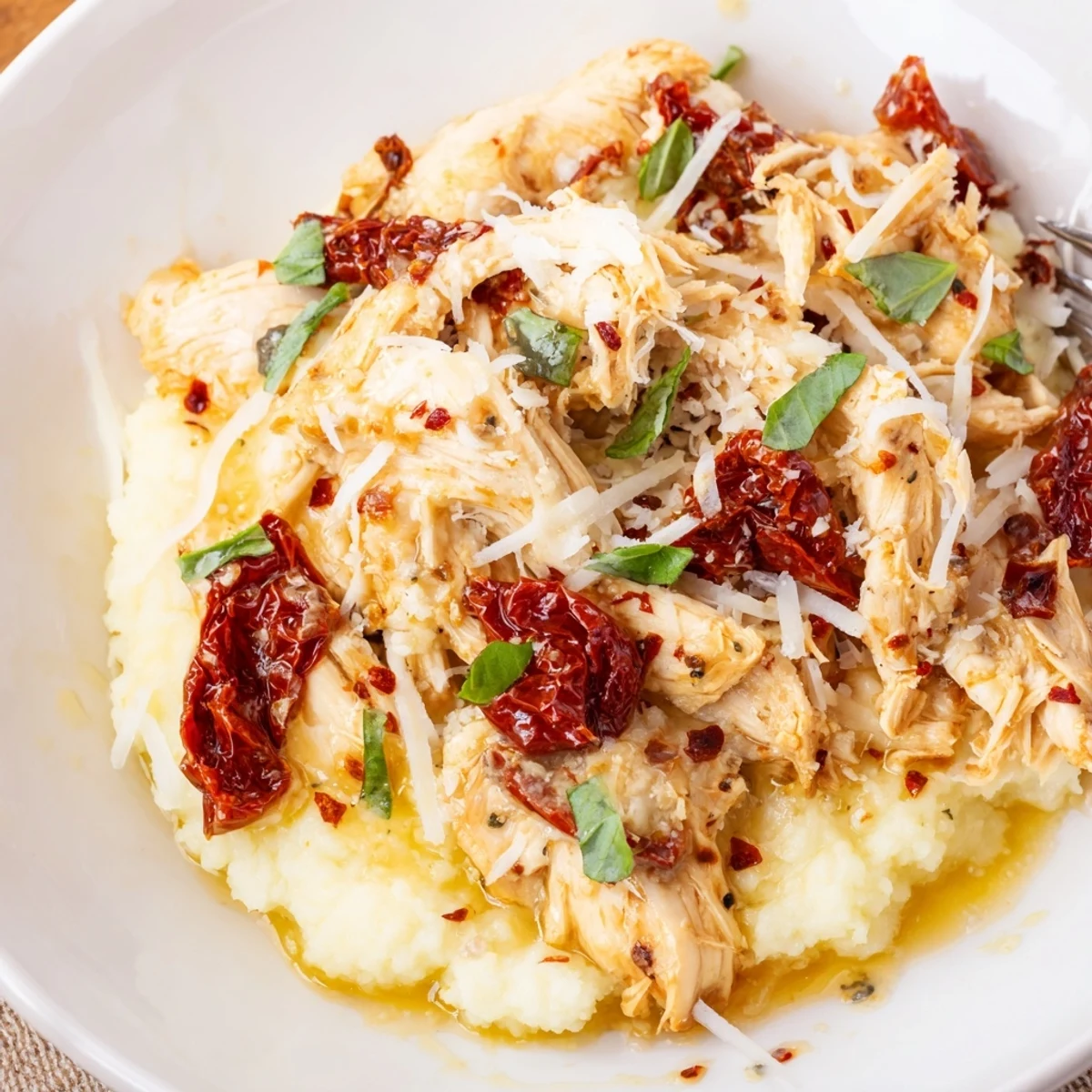 Dump And Go Crockpot Marry Me Chicken bubbling in creamy sun-dried tomato sauce