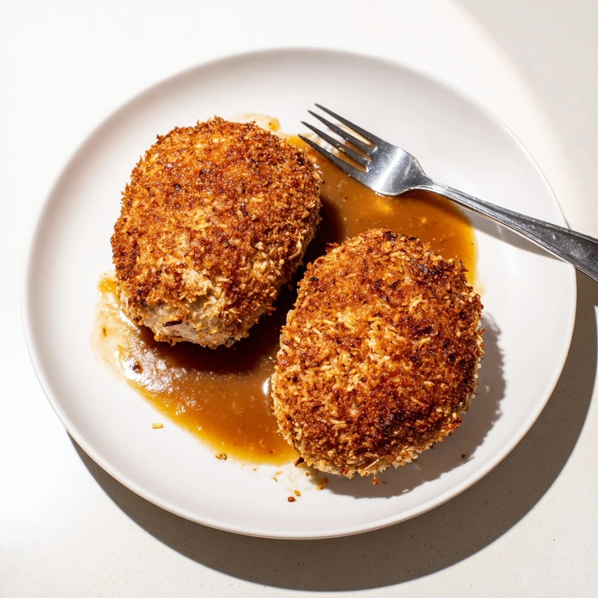 Coconut Chicken With Apricot Sauce close-up, crispy panko-coconut crust with glossy sauce