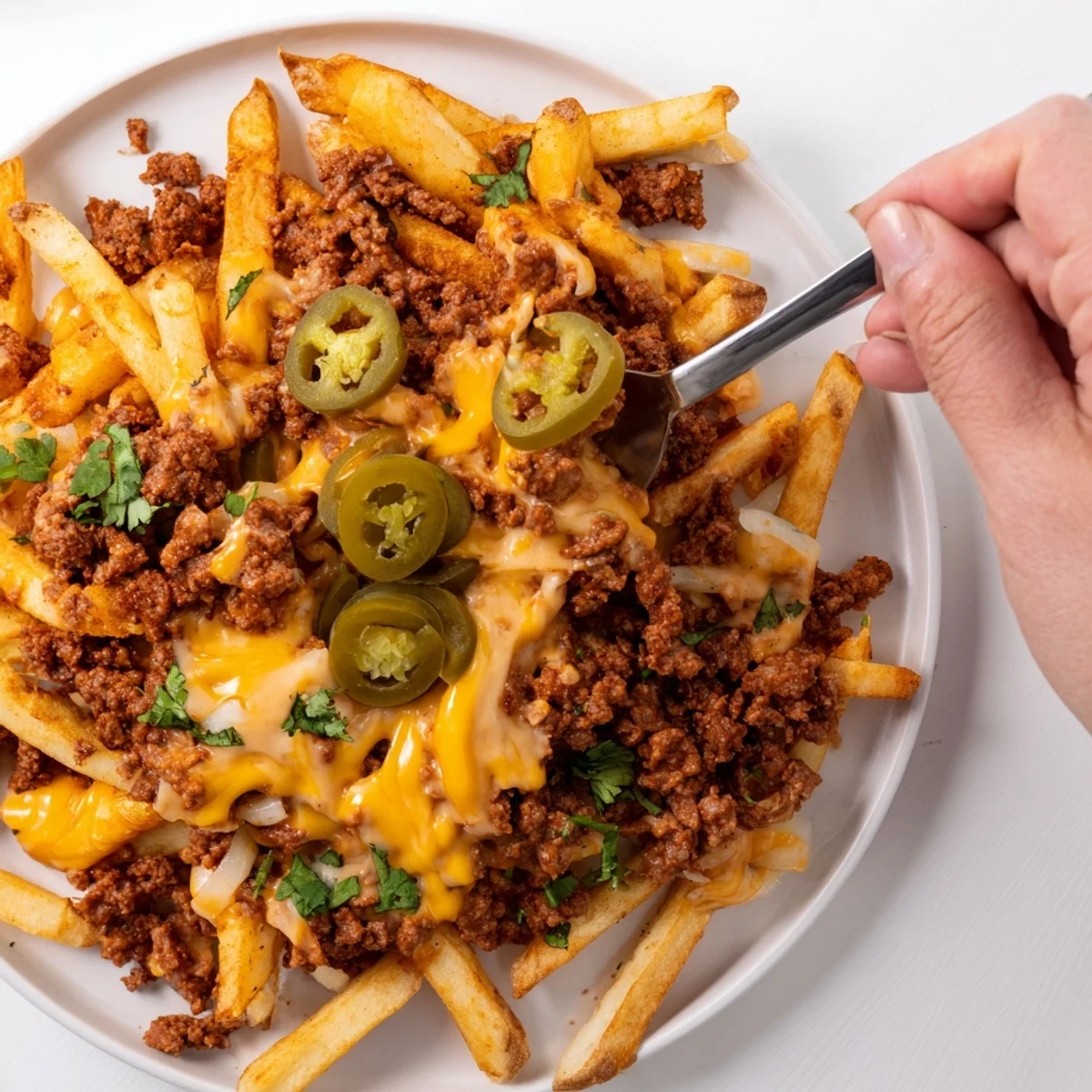 Crispy Chorizo Queso Dip Fries topped with cilantro and sliced jalapeño.