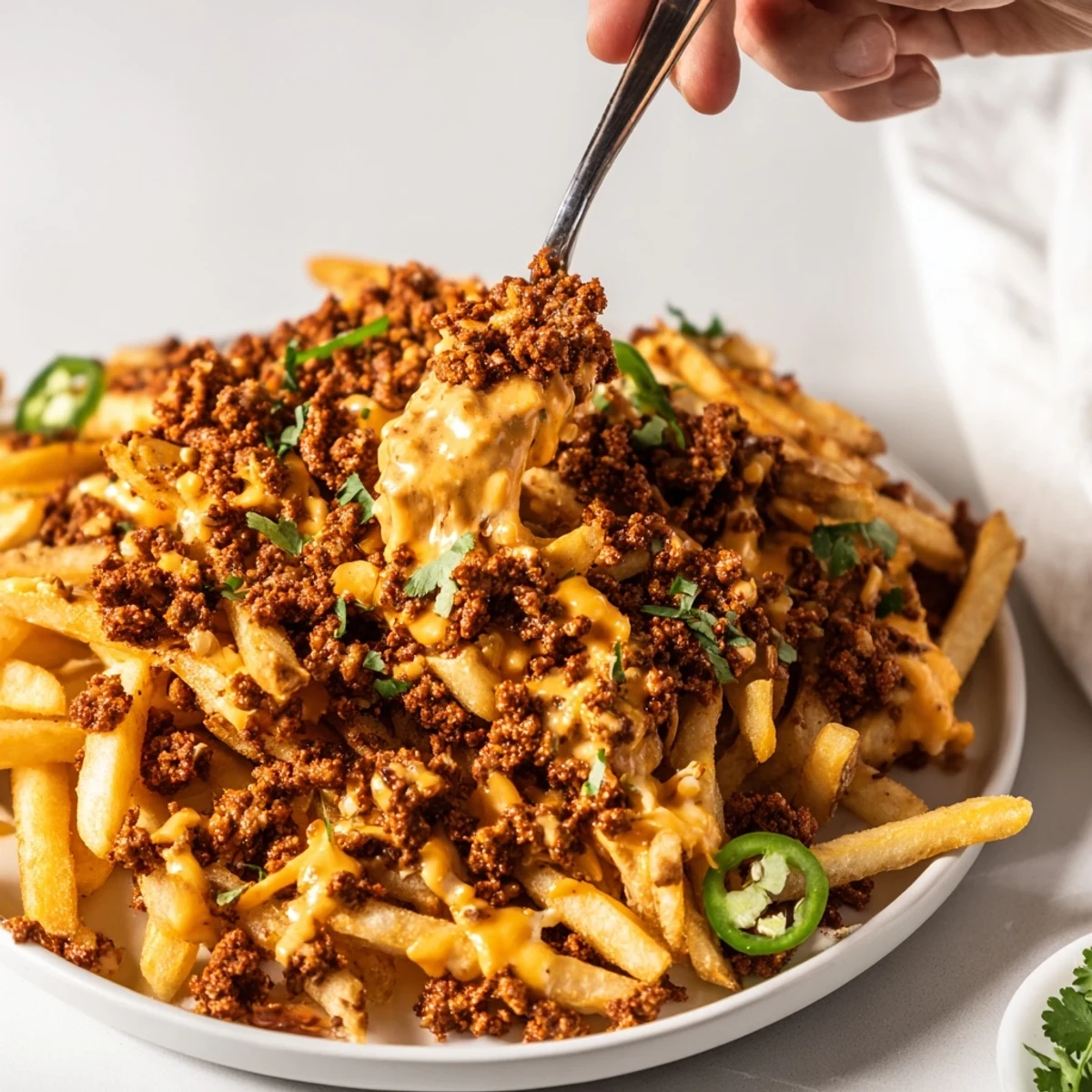 Oven baked Chorizo Queso Dip Fries with gooey cheese, smoky chorizo, ready to share.
