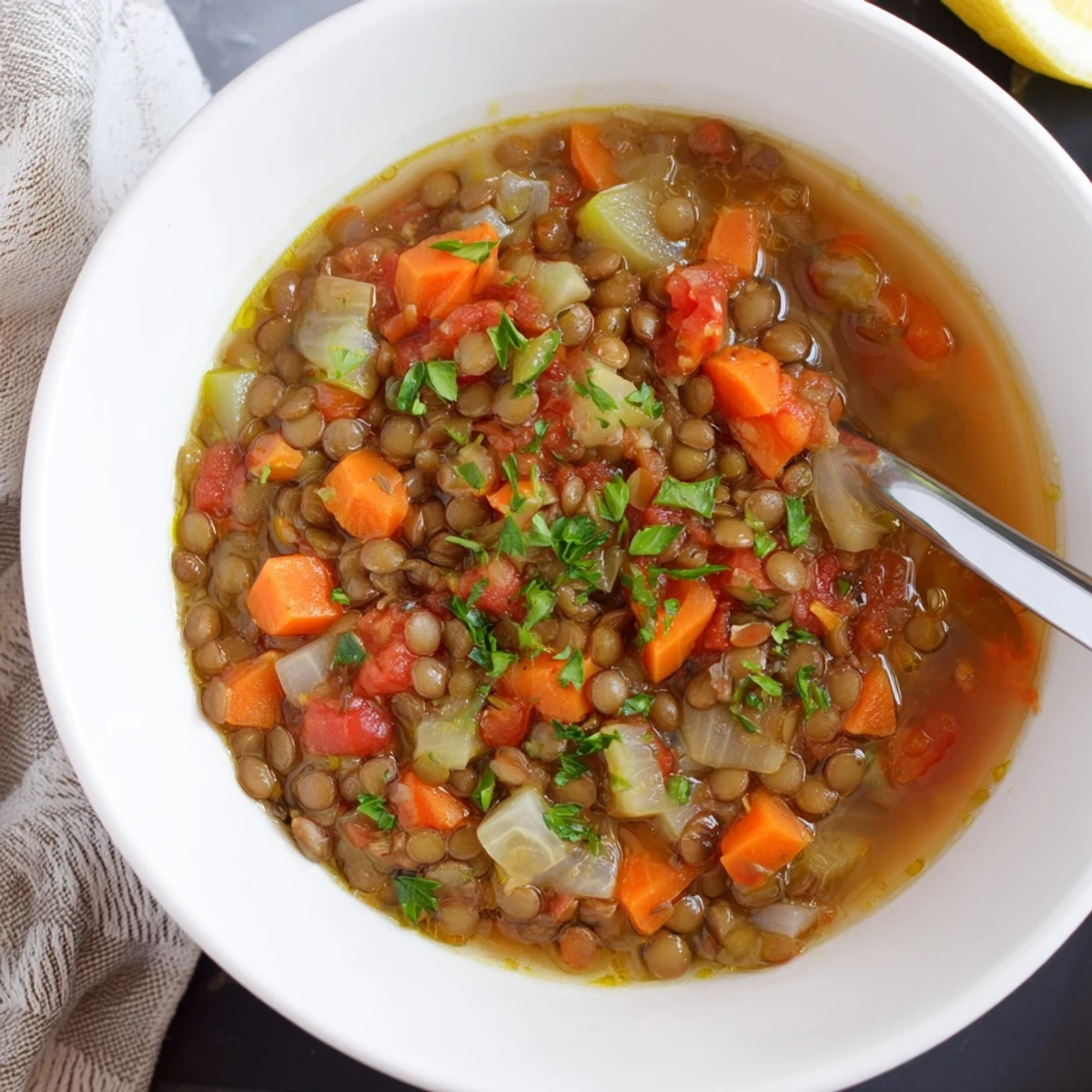 Steaming Lentil Soup in rustic bowl garnished with parsley and lemon