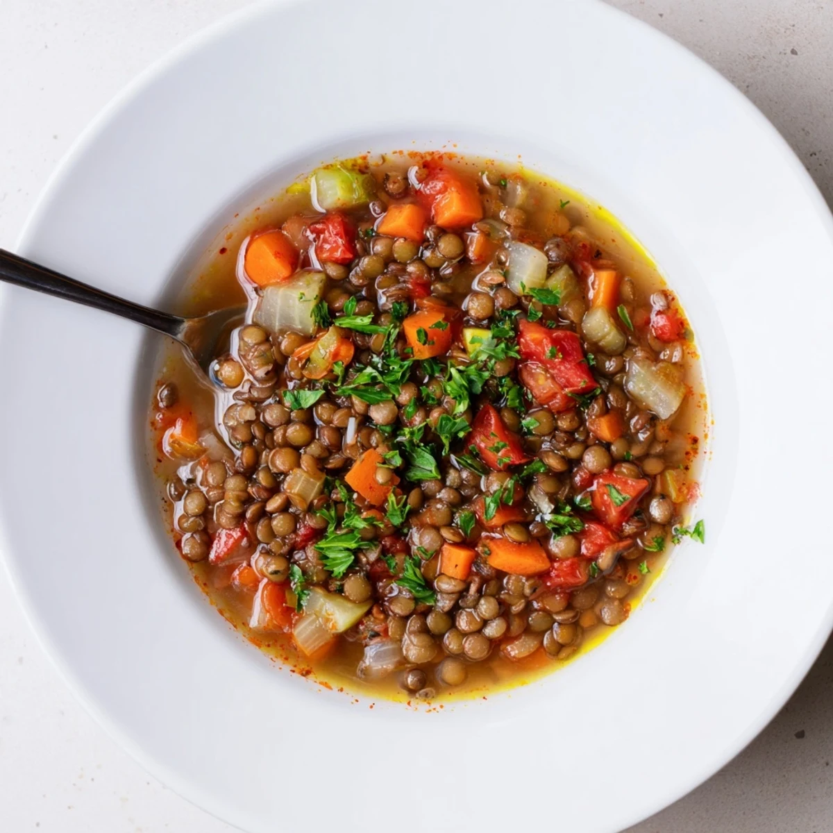 Partially blended Lentil Soup with visible vegetables, aromatic spices, lemon