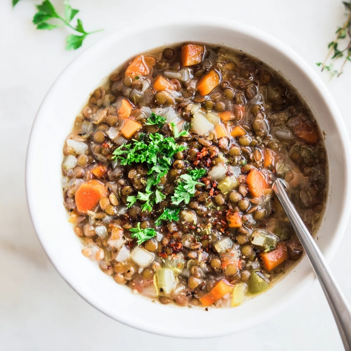 Warm Lentil Soup ladled into mug, steam rising, olive oil drizzle
