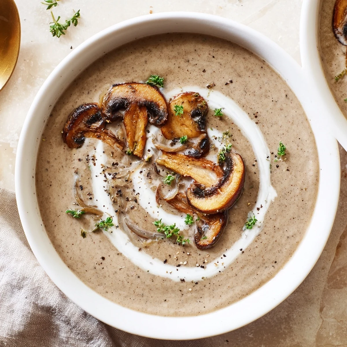 Hearty Mushroom Soup with browned mushrooms, silky cream, served with toast