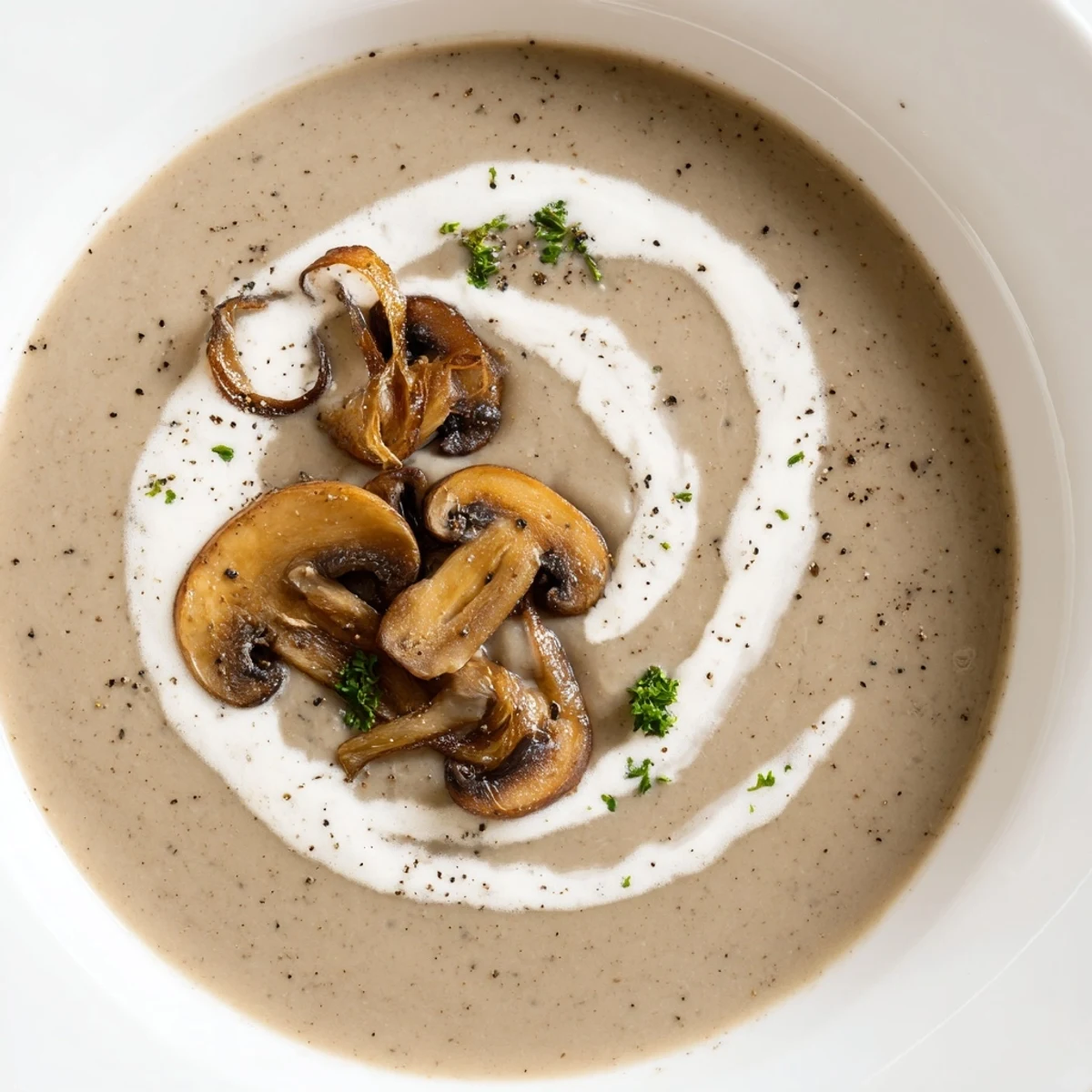 Creamy Mushroom Soup steaming in bowls, earthy aroma and parsley garnish