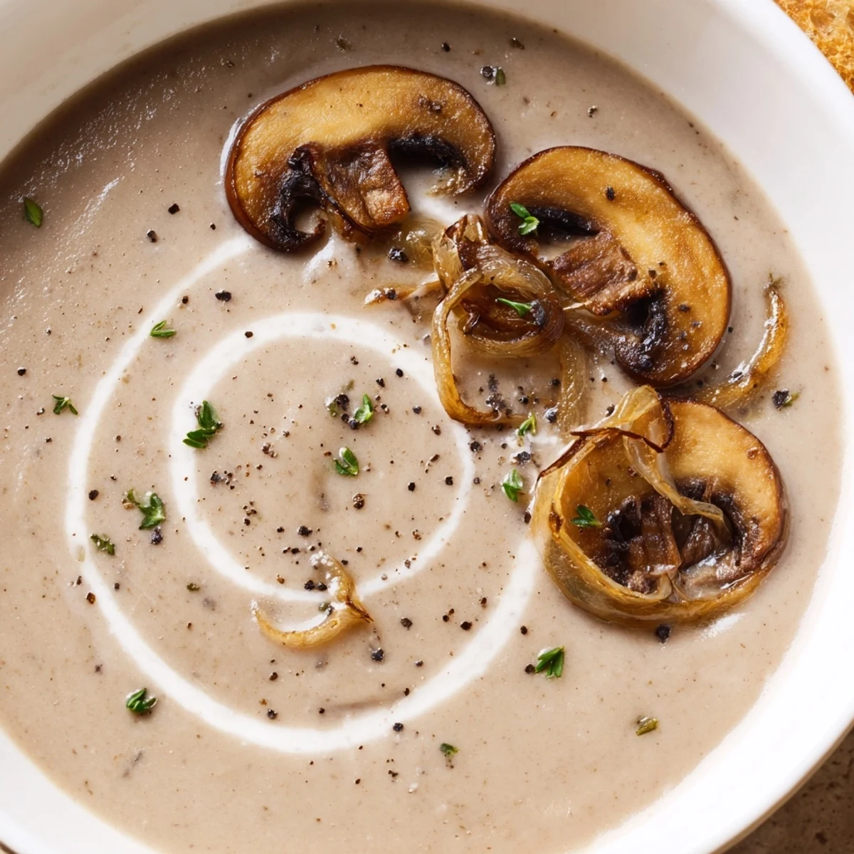 Velvety Mushroom Soup ladled from pot, thyme-scented and ready to enjoy