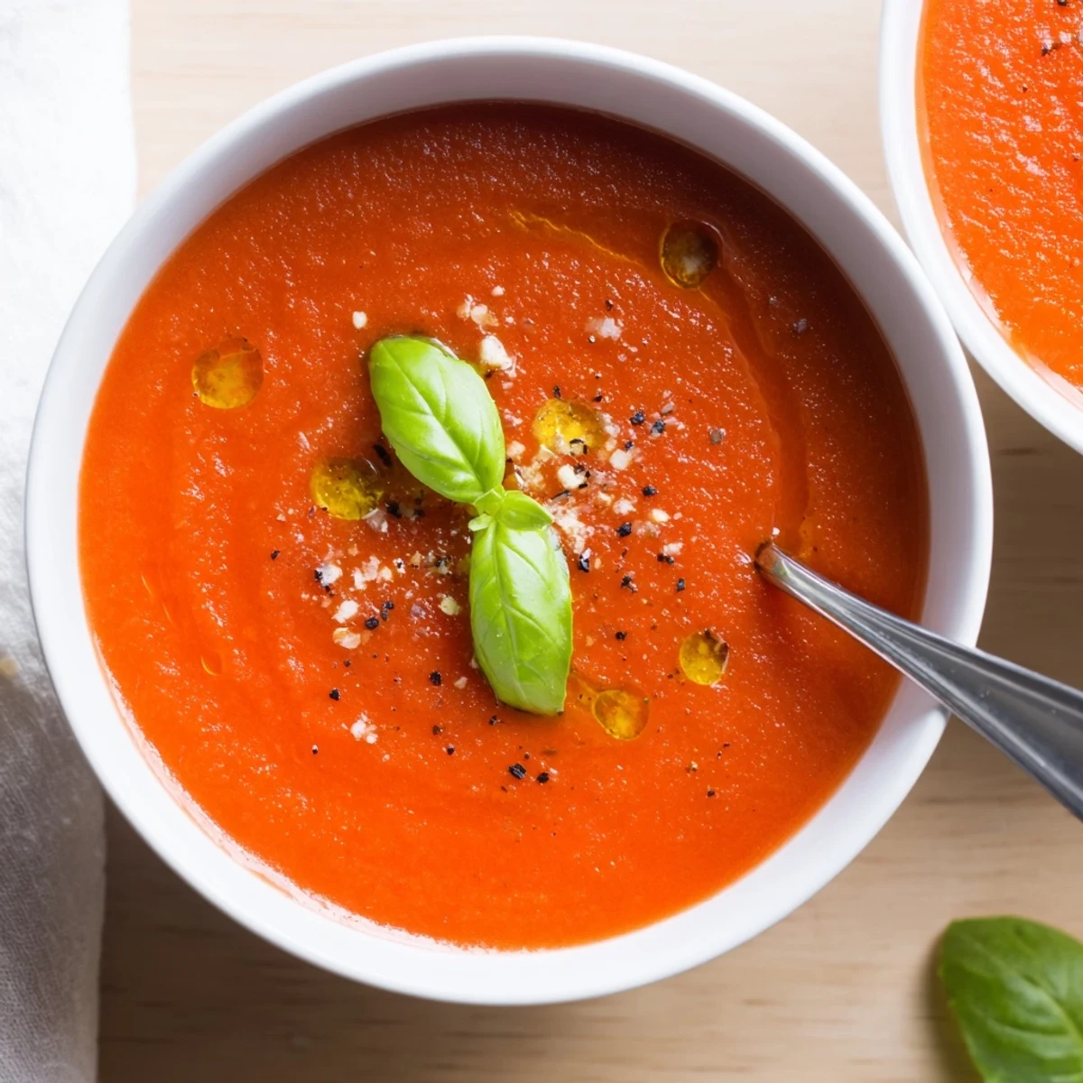 Creamy Tomato Soup steaming in a bowl, garnished with fresh basil.