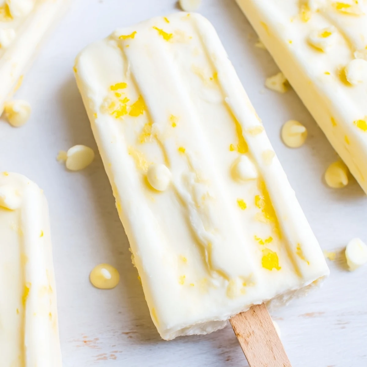 Close-up shot of zesty lemon yogurt popsicles in molds showing flecks of fresh mint and lemon zest garnish