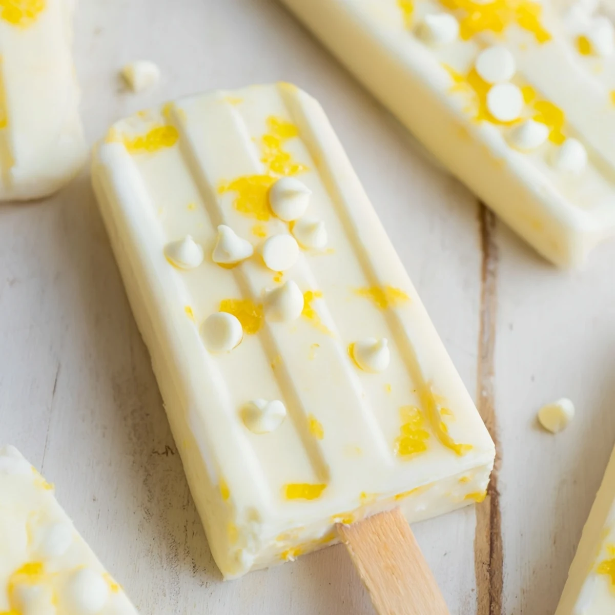Creamy frozen lemon yogurt popsicles on wooden sticks with bright yellow coloring and white chocolate chip specks