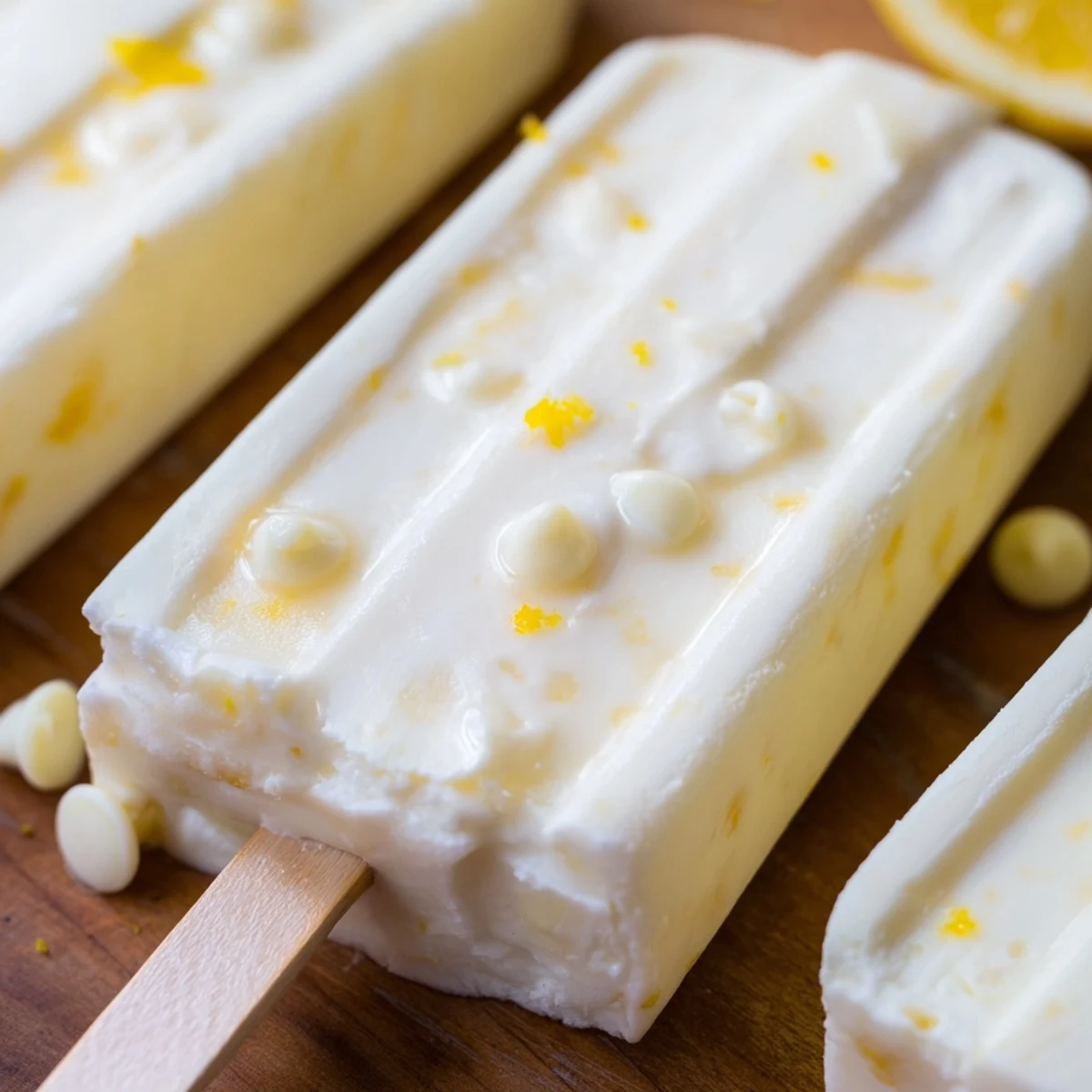 Hand holding refreshing frozen lemon yogurt popsicle with glistening droplets and optional lemon slice decoration