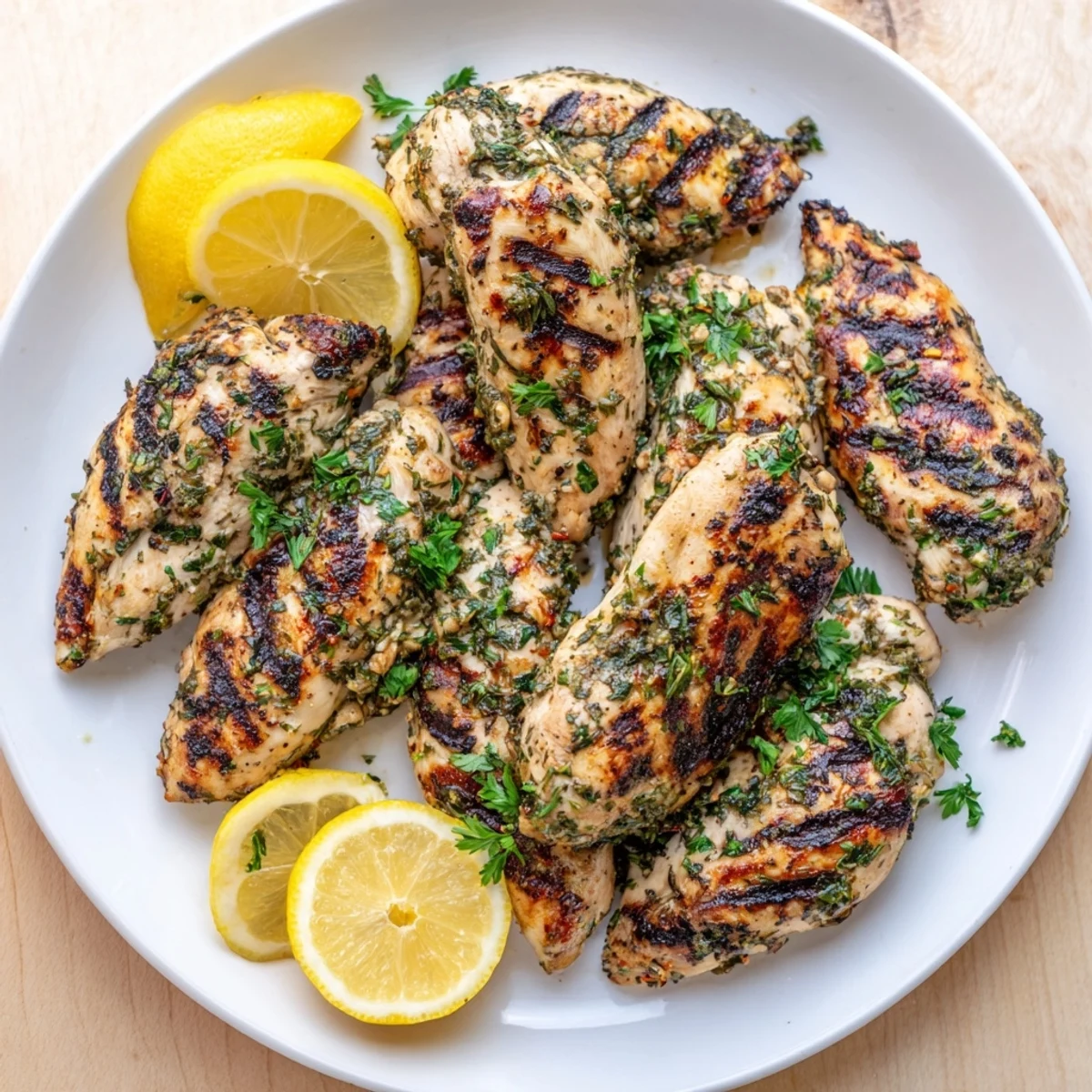 Golden herb rubbed grilled chicken breasts with charred grill marks and fresh green herbs
