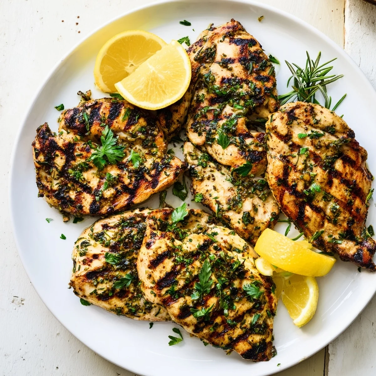 Juicy herb crusted chicken fresh off the grill garnished with chopped parsley