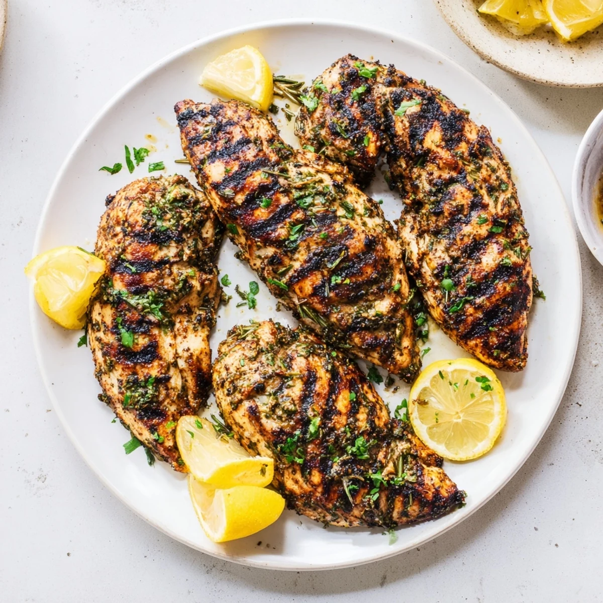 Savory grilled chicken seasoned with rosemary and thyme, served with bright lemon wedges