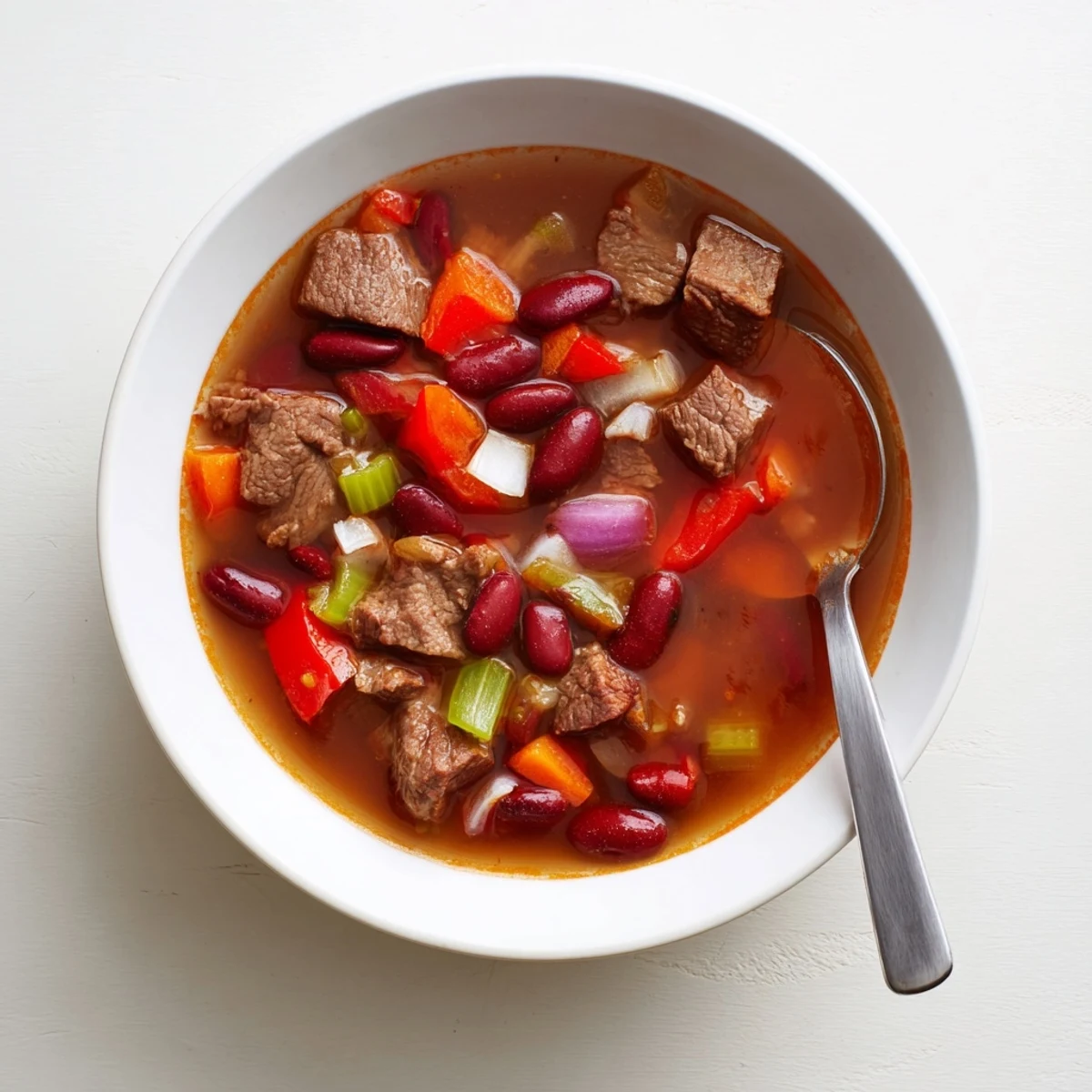 Steaming bowl of savory beef and bean soup delight loaded with tender beef chunks, colorful vegetables, and kidney beans in rich broth