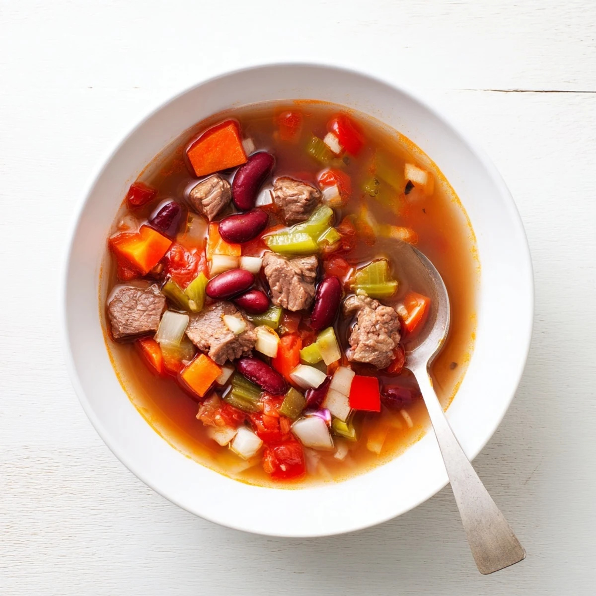 Hearty beef and bean soup delight featuring browned beef cubes, carrots, celery, and red bell pepper simmering in aromatic tomato-based broth