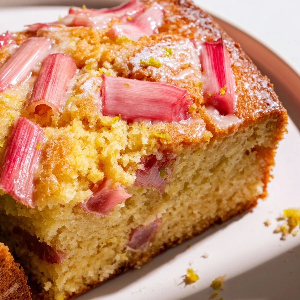Golden rhubarb lemon drizzle cake with glistening citrus glaze and tender baked fruit chunks