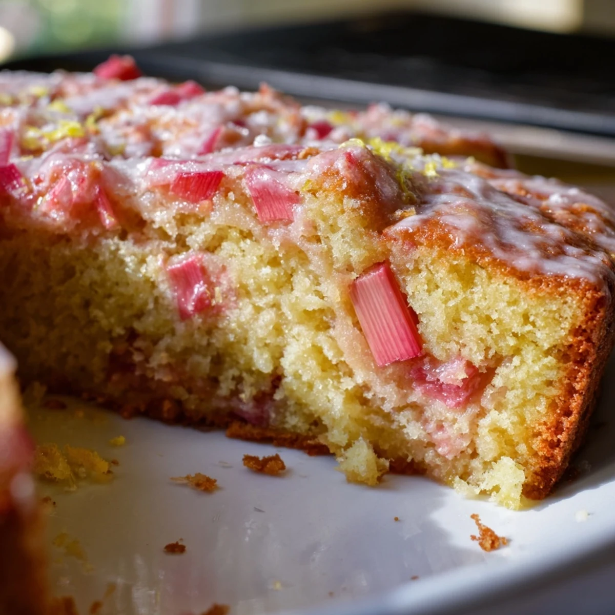 British-style rhubarb lemon drizzle cake featuring pink rhubarb pieces soaked in tangy sweet glaze