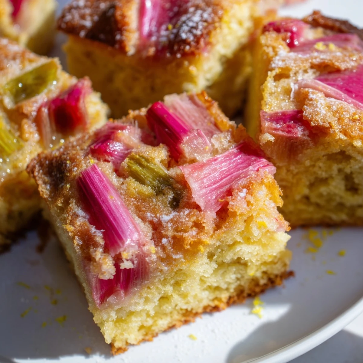 Moist zesty rhubarb lemon drizzle cake slice topped with powdered sugar and fresh lemon zest